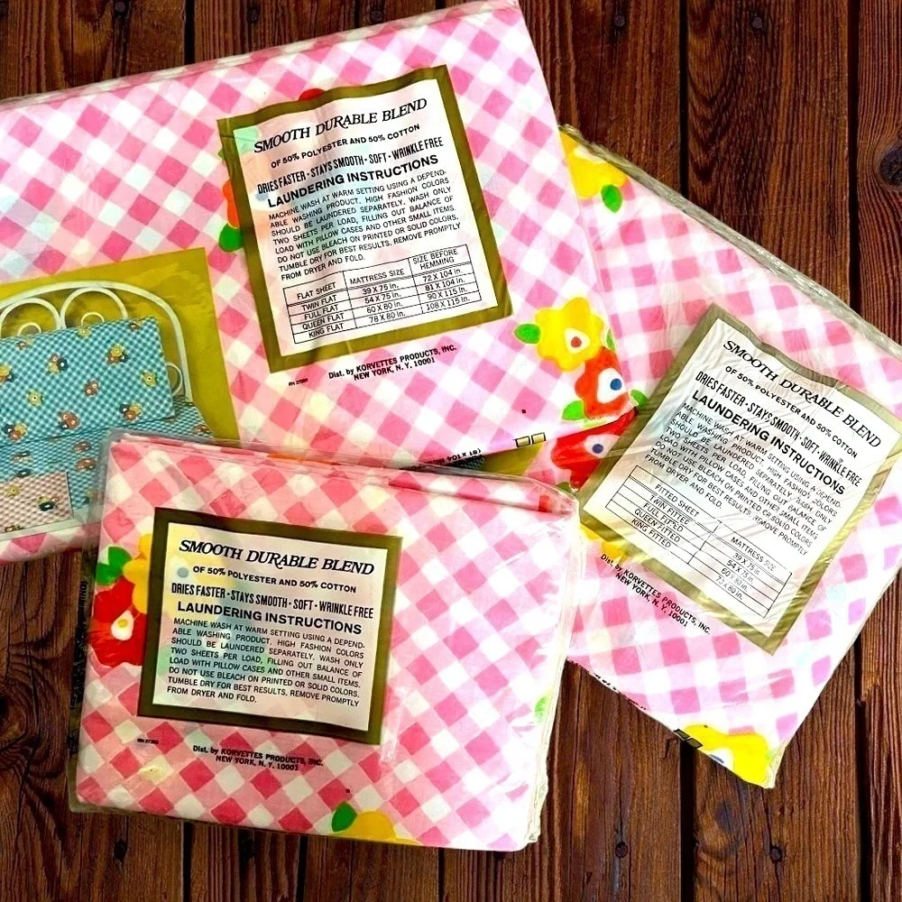 New KORVETTES Vintage Pink Gingham Floral Twin Fitted Flat Pillowcases Sheet Set